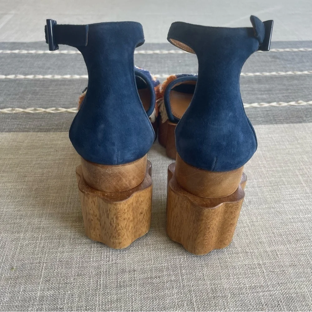 Tory Burch Alma Platform Sandals Heels Size 7 Fringe Suede Wooden Block Heel
